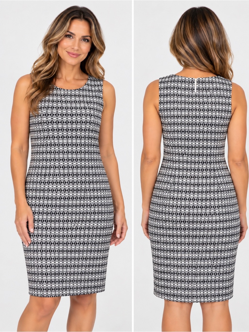 Mario Serrani Women’s Black & White Geometric Sleeveless Sheath Dress Size 14